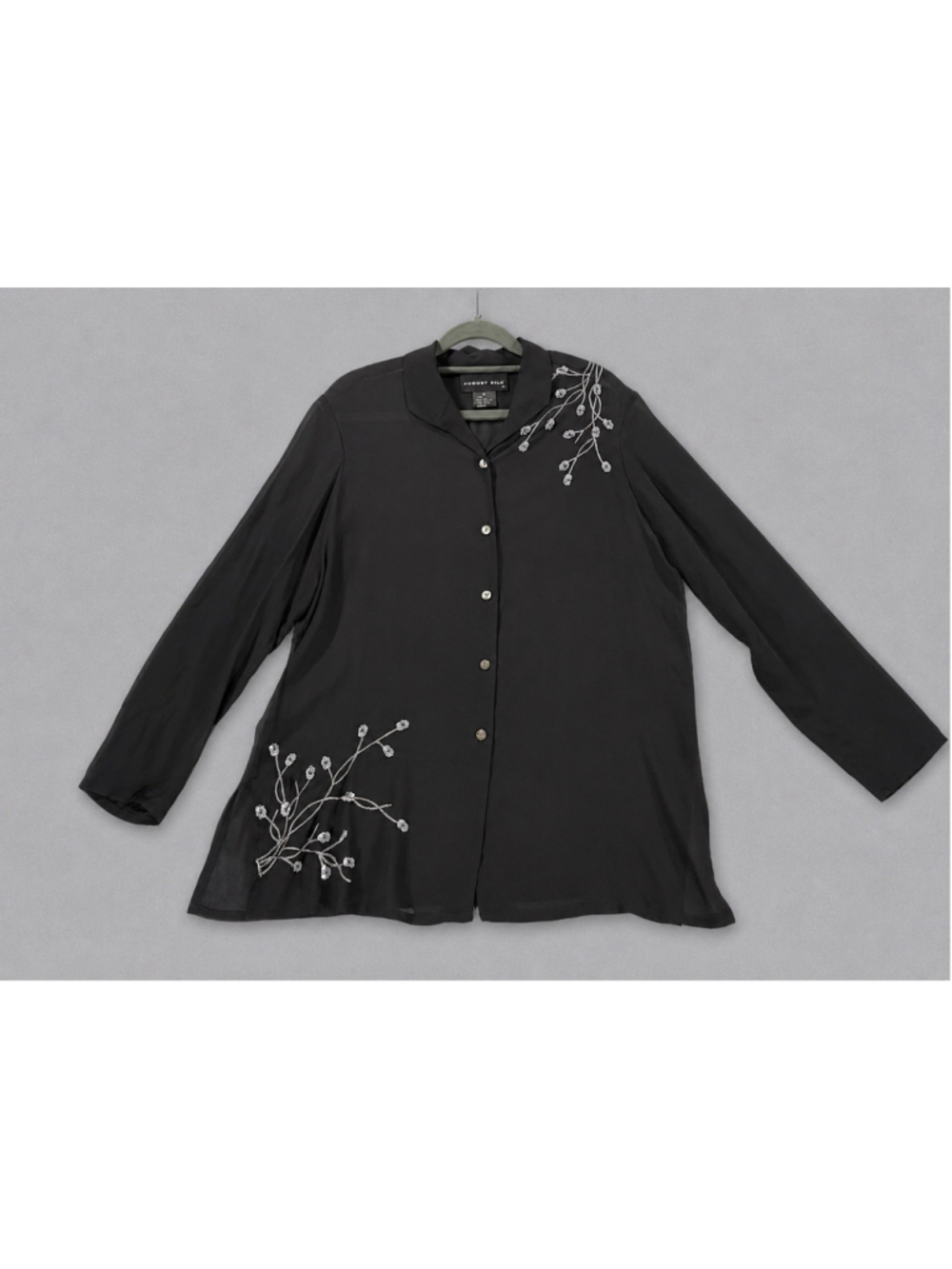 August Silk Blouse M Black Bead Floral Embroider Button Front Long Sleeve As Is